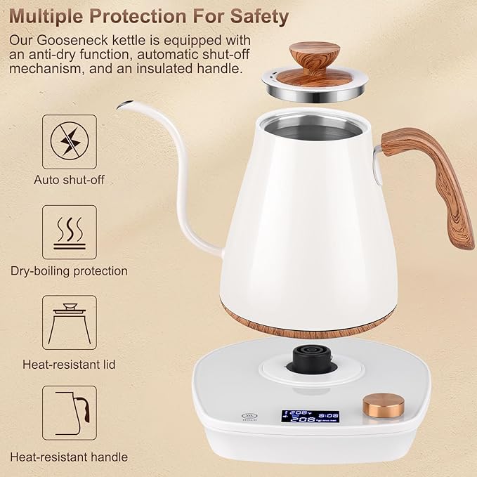 Gooseneck Electric Kettle, Intelligent Temperature Control, Stainless Steel Inner, Quick Heating, for Pour Over Coffee, Brew Tea, Boil Hot Water, 1000W 0.9L Off White