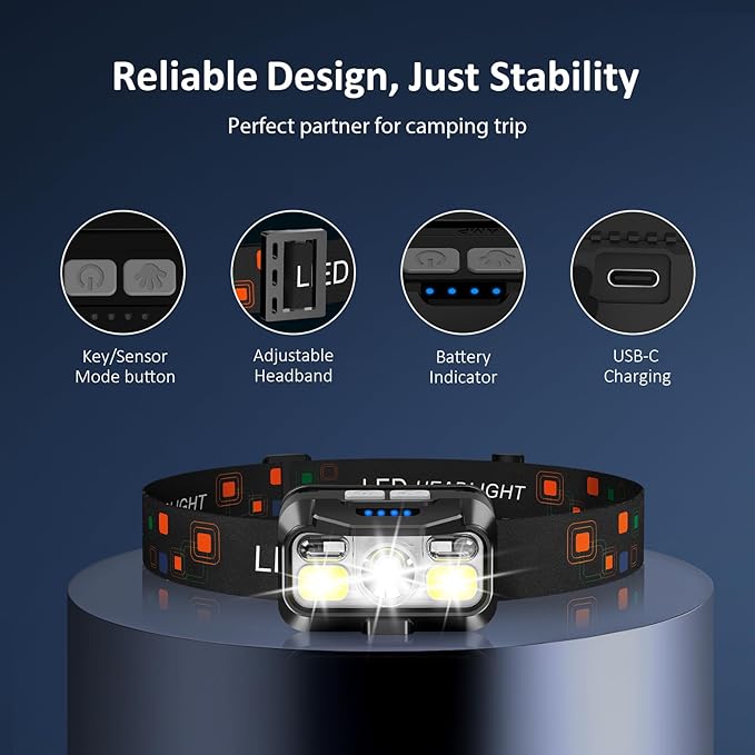 LHKNL Headlamp Rechargeable, Lumen Super Bright Motion Sensor Head Lamp Flashlight, Waterproof LED Headlight with White Red Light, 8 Mode Head Lights for Camping Cycling Running Fishing-4 Packs