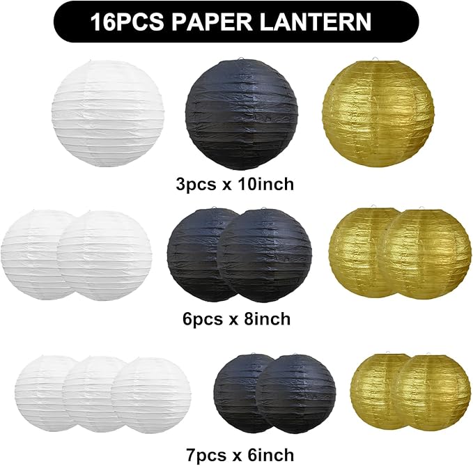 BEISHIDA 16 Pcs Black Gold Paper Lanterns,Hanging Decorative Chinese Japanese Round Paper Lantern Lamp for Wedding Graduation Anniversary Birthday Party Decoration