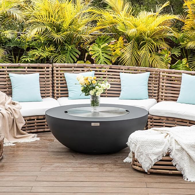 Elementi Lunar Bowl Dark Grey Fire Pit Bundle Outdoor Firepit Set Includes 42” Natural Gas Concrete Firepit, Glass Windscreen, Stainless Steel Cover, Canvas Cover, Floor Mat, Hammock, Beverage Tub