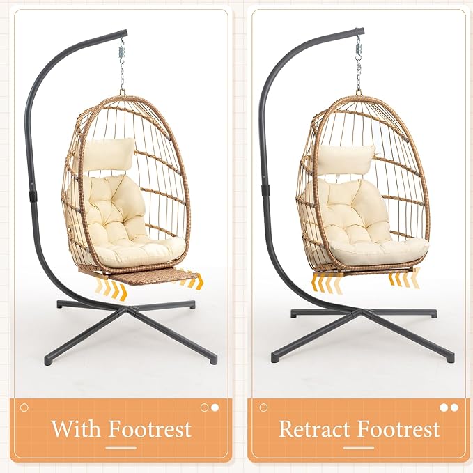 Yechen Hanging Egg Chair with Stand and Footrest for Indoor Outdoor, Foldable Wicker Rattan Patio Egg Swing Chairs Hammock Egg Chair with UV Resistant Cushion for Bedroom Porch, 350 Lbs Capacity