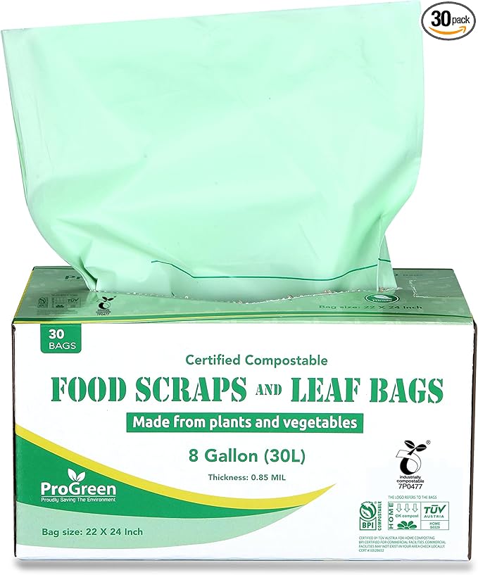 ProGreen Compostable Trash Bags, Extra Thick, Compost Kitchen Bin Bags, Food Scraps Yard Waste Bags, ASTM D6400 BPI and TÜV AUSTRIA Certified (8 Gallon, Pack of 30)