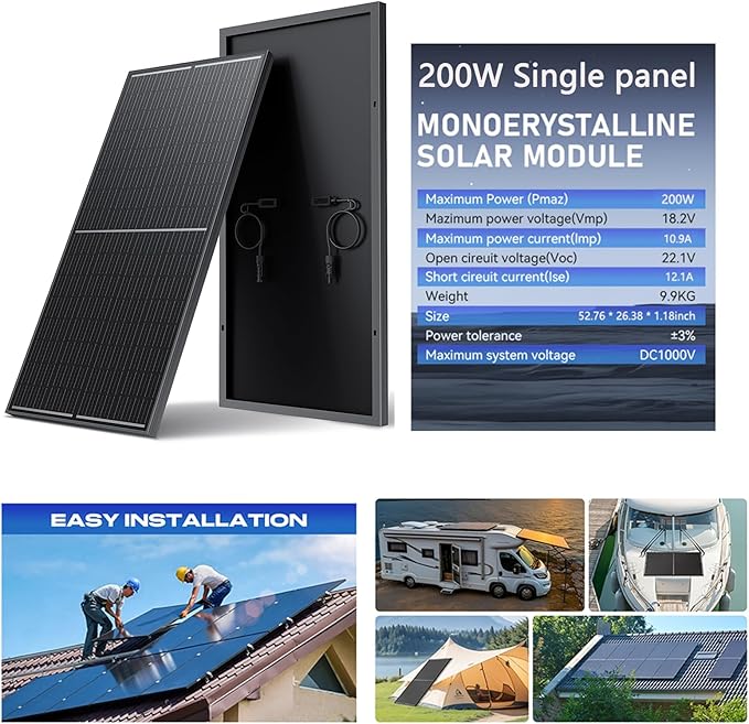 1000 Watt Solar Panels (200W 5 Pack) Monocrystalline High-Efficiency 12V Solar Panel for RV Camping Boat Home Farm Marine Battery and Other Off-Grid Applications (1000w, 200w*5)