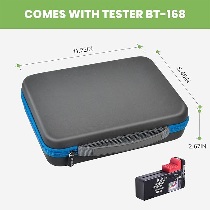 Battery Organizer Storage Holder Case Box with Tester Checker BT-168. Holds 136+ Batteries AA AAA C D Cell 9V 3V Lithium (Blue)