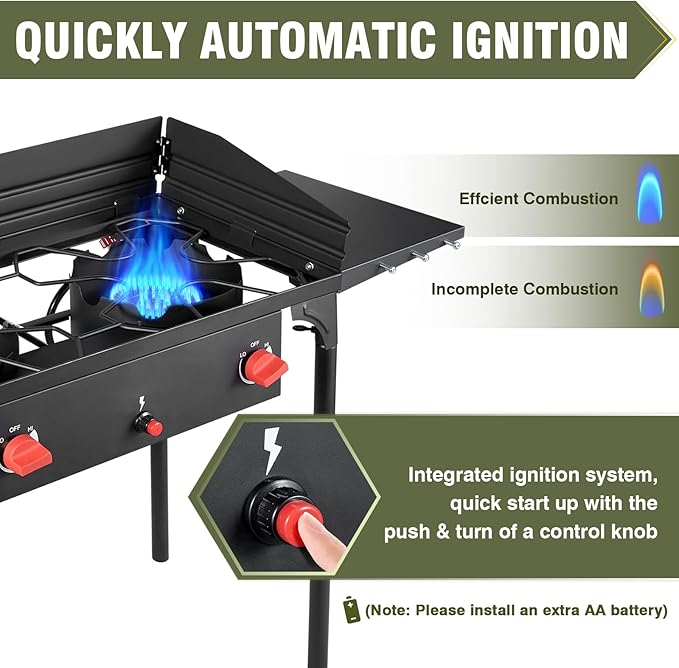 Bestfire 2 Burner Camping Stove with Windpanel& Side Shelves, Bag, Auto Ignition Button,Regulator,150,000 BTU Camping Stove Propane Burner With Removable Legs for Outdoor BBQ&Backyard