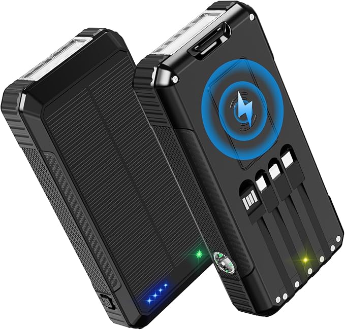 Solar Charger Power Bank 49800mAh, Portable Phone Charging Built-in 4 Cables 22.5W Fast Charging for Cell Phones, Type-C input/Output Port Solar Panel Charger with Dual Flashlights&Compass for Camping