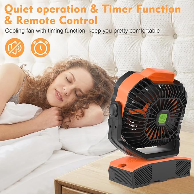 RUNTOP Oscillation Camping Fan with LED Lantern, 20000mAh Rechargeable Battery Operated Outdoor Tent Fan w/Hanging Hook, Remote Control, 4 Speeds, Personal USB Desk Fan for Camping, Jobsite (Orange)
