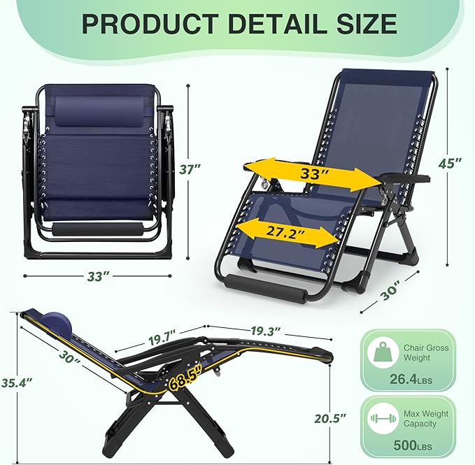 Suteck Oversized Zero Gravity Chair,33In XXL Lounge Chair w/Removable Cushion&Headrest, Reclining Camping Chair w/Upgraded Lock and Footrest, Reclining Patio Chairs Recliner for Indoor Outdoor,500LB