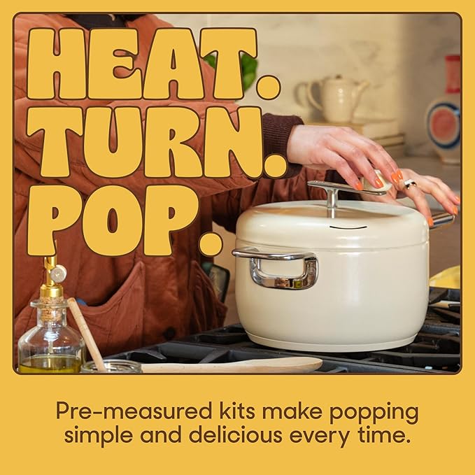 Popsmith Starter Bundle in Cream - 6 Quart Stovetop Popcorn Machine with 5 Movie Theater Popcorn & 5 Kettle Corn Popcorn Kits - Stainless Steel Popcorn Maker Compatible with All Stovetops