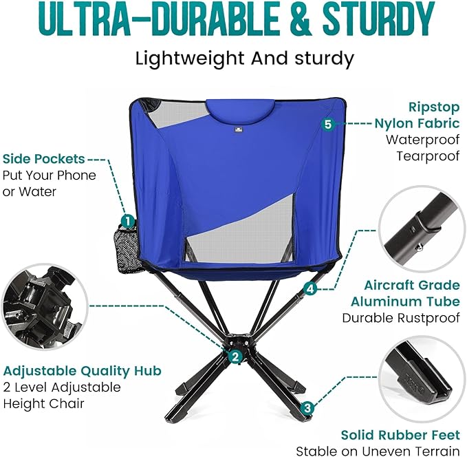 Portable High Back Camping Chair with Adjustable Height, Small Compact Outdoor Folding Chair for Adults Travel, Riselite Collapsible Lightweight Packable Camp Chairs, Easy Carry and Quick Setup