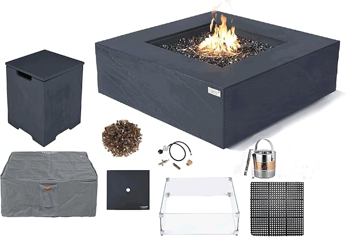 Elementi+ | Bundle Roraima Gas Fire Pit Cast Concrete 40" Square Fire Table, Outdoor Fire Pit Electronic Ignition | Canvas Cover, Fire Glass and Burner Lid Included | Dark Gray | Propane Gas