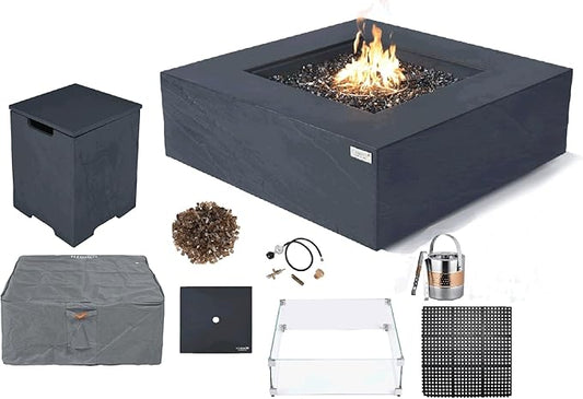 Elementi+ | Bundle Roraima Gas Fire Pit Cast Concrete 40" Square Fire Table, Outdoor Fire Pit Electronic Ignition | Canvas Cover, Fire Glass and Burner Lid Included | Dark Gray | Propane Gas