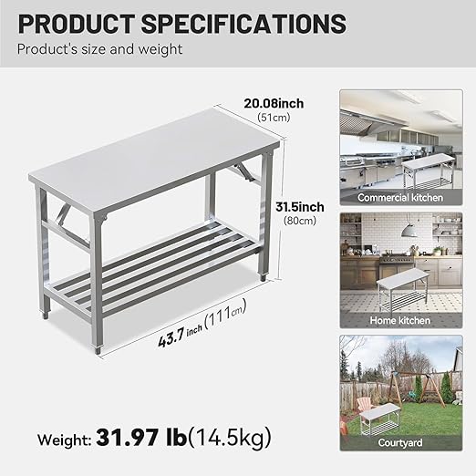 Folding Stainless Steel Table with Adjustable Table Corners and Lower Removable Shelf 20X45 Inches for Outdoor Camping, Maintenance Room, Storage, Kitchen (with undershelf)