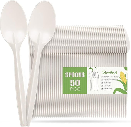 Gezond Compostable Spoons 50 Pack 6.7 Inch Disposable Spoons No Plastic Biodegradable Cutlery Set Heavy-duty for Party Wedding Camping Office Picnic