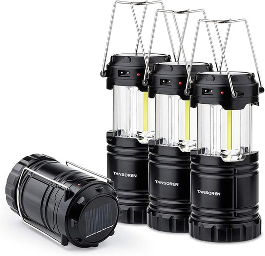 4 Pack Solar USB Rechargeable 3 AA Power Brightest COB LED Camping Lantern with Magnetic Base, Charging for Android, Waterproof Collapsible Emergency LED Light