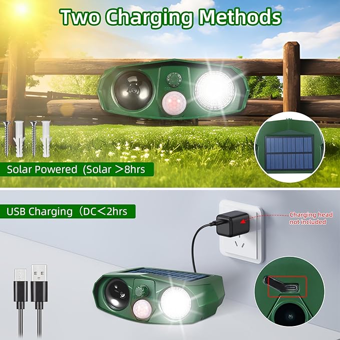 4Pack Solar Ultrasonic Cat Repellent Outdoor Animal Repellent with Flash Light&USB Charge Waterproof Animal Deterrent Devices Deer Repellent Devices for Rabbit Squirrel Skunk Repellent for Yard