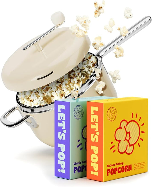 Popsmith Starter Bundle in Cream - 6 Quart Stovetop Popcorn Machine with 5 Movie Theater Popcorn & 5 Kettle Corn Popcorn Kits - Stainless Steel Popcorn Maker Compatible with All Stovetops