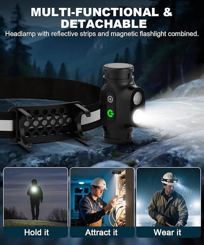 Rechargeable Running Headlamp, 1500 Lumens Bright Head Lamp Led with Motion Sensor, 4 Modes, Magnet, Detachable Flashlight & Headband for Adult, Outdoor, Emergency, Hard Hat Light 4PC