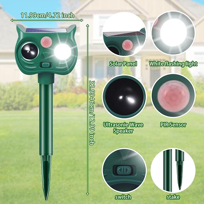 4Pack Solar Ultrasonic Animal Repellent, Cat Repeller Outdoor, Waterproof Deer Deterrent Devices with Motion Sensor to Scare Squirrel Rabbit Raccoon Skunk with White&Red LED Flash Lights for Yard