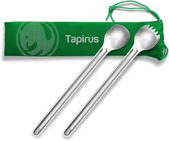 Tapirus - Long Spork and Long Spoon Set - 9.4-inch Long Deep Reach Stainless Steel Eating Utensils for MRE Bag - Keep Hands Clean and Away from Heat - Carry Bag Ideal for Hiking, Camping, Backpacking