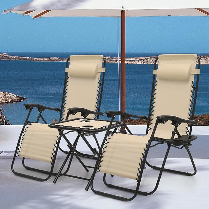 MoNiBloom 3 Pieces Cozy Lounge Chairs Table Set for Outside, Adjustable Folding Zero Gravity Recliners for Patio Beach Pool Yard Camping, 330lbs Capacity - Cream
