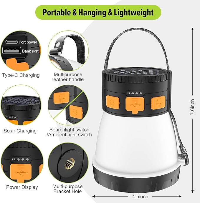 6 Pack LED Camping Lantern, 1500 Lumens Camping Lantern Rechargeable with Solar Panel Charging, Waterproof, 8 Light Modes, 7500mAh, Camping Flashlight for Hurricane Emergency, Outdoor