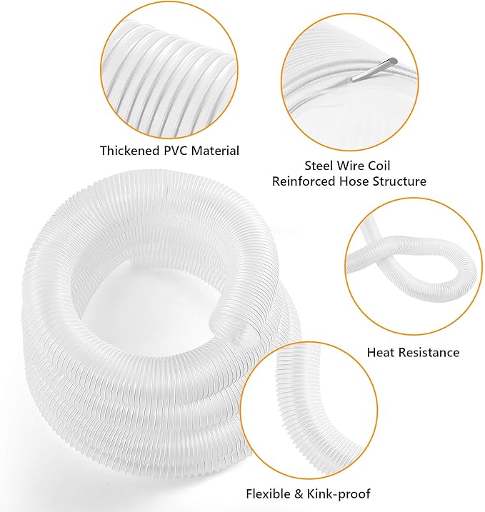 2 1/2" x 10' PVC Clear Dust Collection Hose, Puncture Resistant Fume Collection Hose with 4 Pieces Stainless Steel Clamps, Suitable for Dust Woods Debris Collection