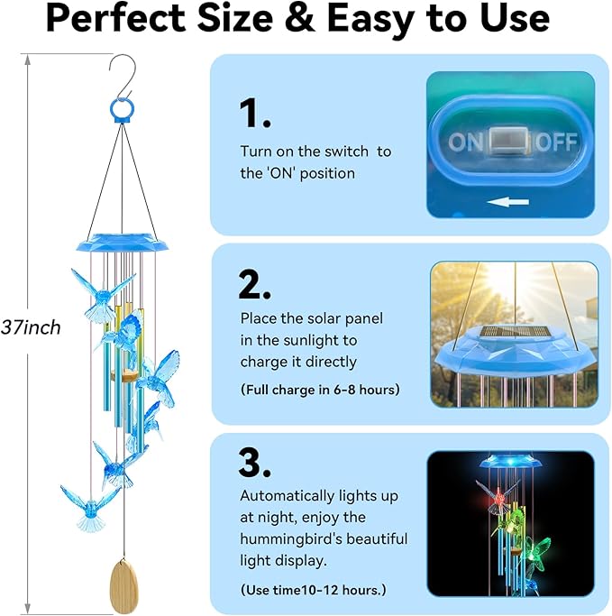 Wind Chimes,Hummingbird Solar Wind Chimes for Outside,Blue Gradation Aluminum Tubes Deep Tone Memorial Wind Bell for Garden/Patio Mobiles Decorative Gifts for Mom, Wife, Grandma Neighbors(37" Long)