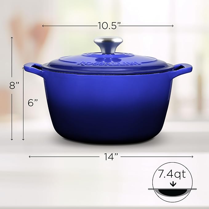 Signature Enameled Cast Iron Dutch Oven, Non-Stick Serving Pot with Tight Fitting Lid for Perfect Roasting, Baking, Sauteing, and Bread Making | 7.4Q (7L) - Indigo Blue