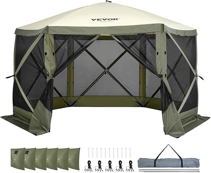 VEVOR 12x12ft Pop Up Gazebo Tent with Mosquito Netting, 6 Removable Wind Panels & 2 Mesh Windows, Outdoor Canopy Shelter for Patio, Army Green