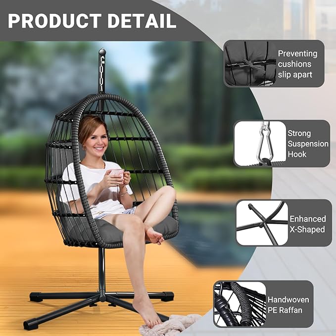 Egg Chair with Stand,Patio Rattan Wicker Hanging Swing Egg Chair Hammock Chair for Bedroom Porch Garden,Thickened Aluminum Alloy Steel Frame and UV Resistant Cushion,350LBS Capacity