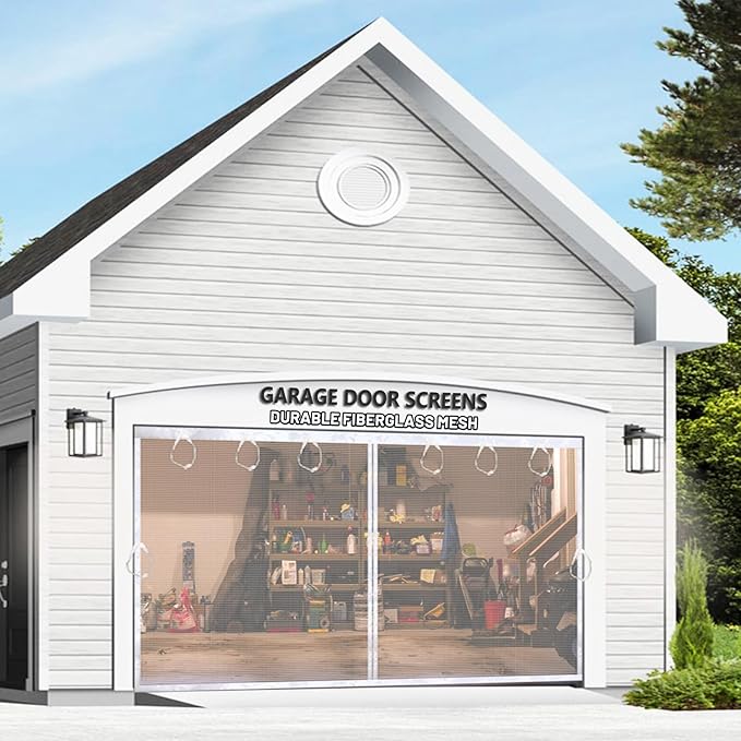 Magnetic Garage Door Screen Kit 16x8 FT White - Retractable Mesh Net Screen Door with Fiberglass Mesh for 2 Car Garage 16x8ft, Blocks Bugs & Provides Privacy - Perfect for Workshop Gym Patio