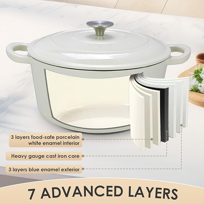 LIFERUN 6 Qt Enameled Cast Iron Dutch Oven Pot with Lid，Oven Safe up to 500° F, Non-Stick Dutch Oven with Dual Handles for Bread Baking, Fry Foods, Braising, Stews, Roasting (White)