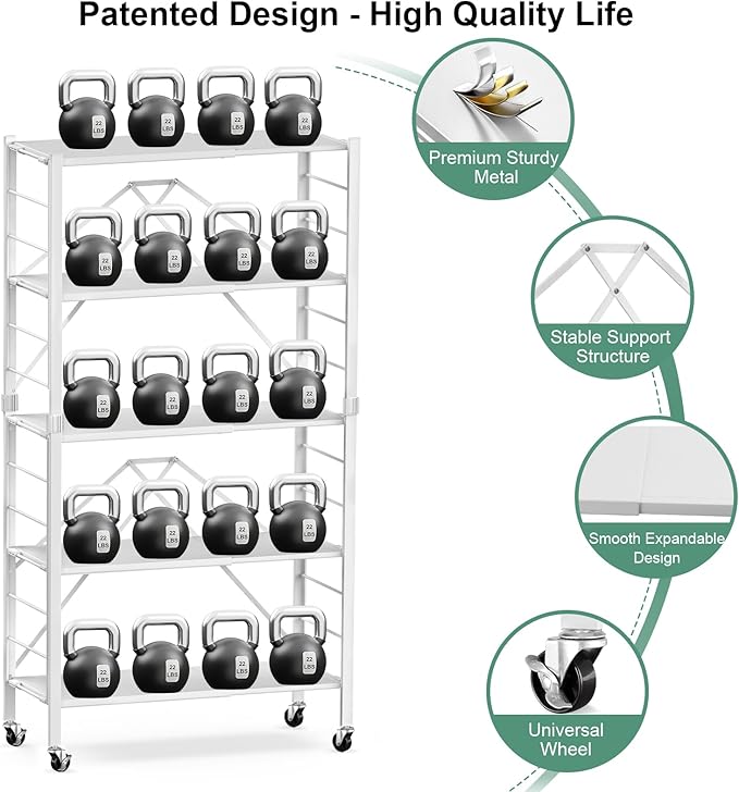 Himix 5 Tier Foldable Storage Shelves, Expandable Folding Pantry Shelf with Wheels, Changeable into 2 Shelf Units, Collapsible Storage Rack Metal Shelves for Kitchen, Room, Garage, White