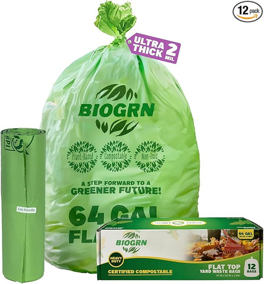 60-64 Gallon Compostable Trash Bags 12 Bags with Flat-Top Large Compost Bags Thick 1.57 Mil, 242.72 Liter Lawn and Yard Waste Bag for Outdoor Garden ASTM D6400, US BPI and OK Compost Home Certified