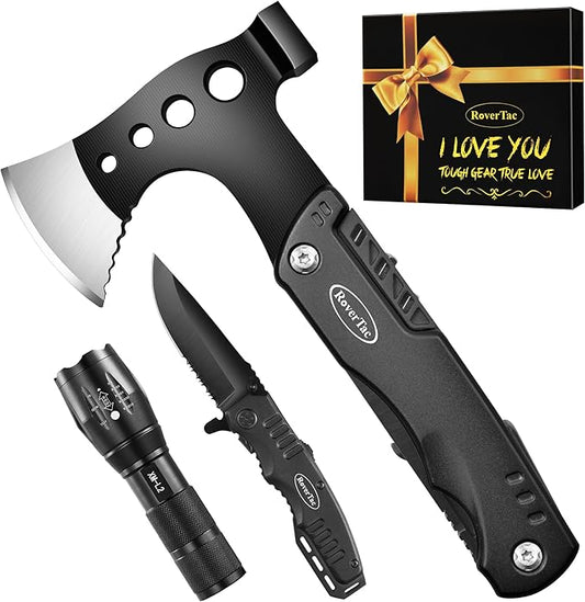 RoverTac Multitools Gift Set, 11-in-1 Multi Tool Axe, LED Flashlight, Tactical Knife in “I LOVE YOU” Gift Box, Tool Gift for Husband, Boyfriend, Dad, Camping Essentials Survival Gear Multitool
