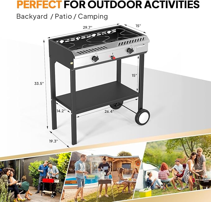 Bonnlo 2 Burner Propane Gas Stove with Auto Ignition, 150,000 BTU Portable Outdoor Camp Cooker Stove with Convenient Shelf & Smooth Rolling Wheels for Backyard, Camping, Tailgating, Patio Parties