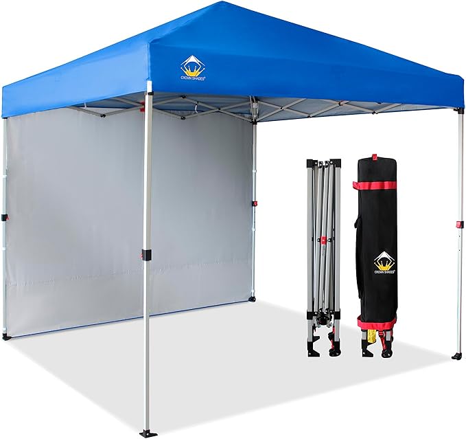 CROWN SHADES 8x8 Pop Up Canopy with 1 Side Wall - Beach Tent with One Push Setup - Outdoor Sun Shade for Events, Parties, Camping - Gazebo with STO-N-Go Cover Bag (Blue)