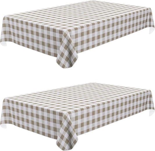 misaya 2 Pack Waterproof Vinyl Table Cloth, Buffalo Flannel Backed Tablecloth, Wipeable Plastic Table Cover for Dinner, Kitchen, Outdoor (60" x 84", Khaki & White)
