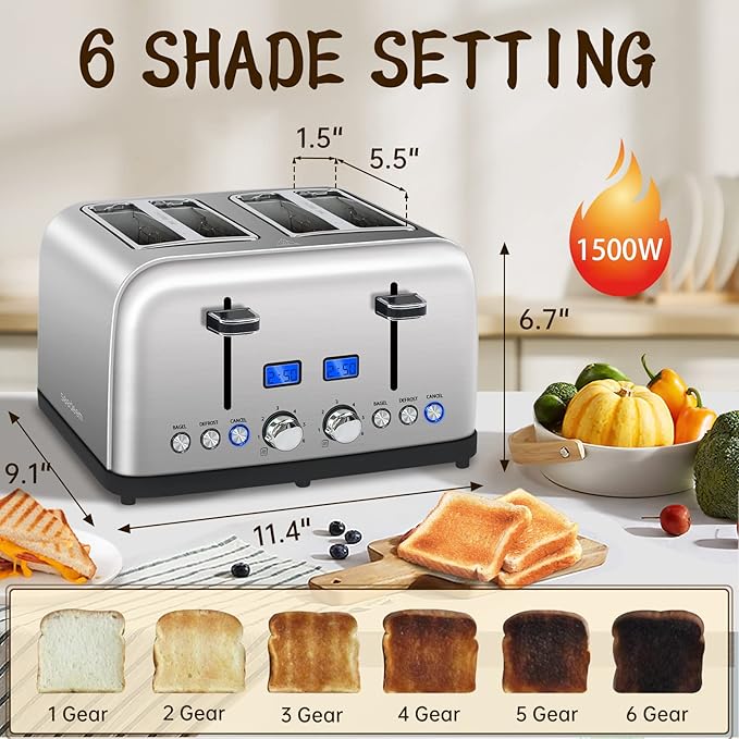 SEEDEEM Toaster 4 Slice, LCD Display, 6 Shade Settings, 1.5'' Wide Slots, Digital Stainless Toaster for Bagel, Defrost, Reheat, Dual Control, Removable Crumb Tray, 1500W, Silver Metallic