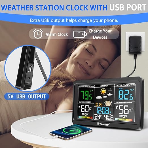 Geevon Weather Stations Wireless Indoor Outdoor Thermometer, Color VA Display Digital Weather Thermometer, Temperature Humidity Monitor with Barometer, Calendar, and Adjustable Backlight