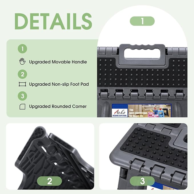 ACKO Folding Step Stool Foldable 16 Inch Stools for Adults and Kids, Plastic Stools Tall 400 lbs Capacity, Collapsible Stool for Kitchen, Stepping Foot Stool with Handle, Dot Grey, 1 PC