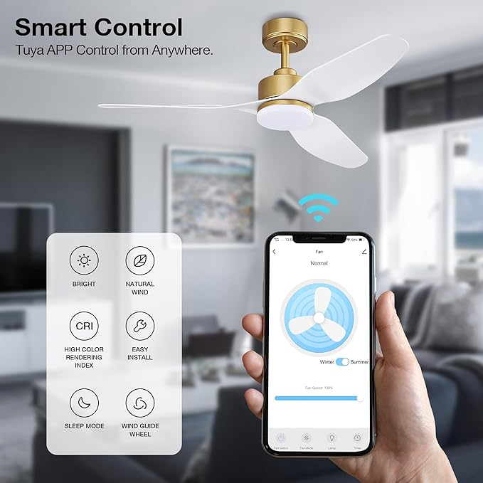48 Inch Smart Ceiling Fans with Lights and Remote Control,Dimmable LED Light,Outdoor Indoor Gold White Ceiling Fan,Quiet DC Motor,WIFI Alexa App Workable,for Modern Bedroom Living Room Patio