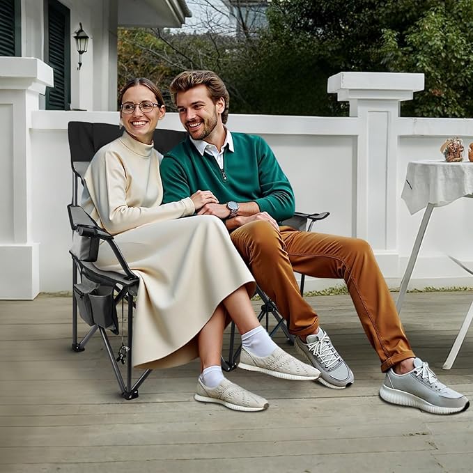 Folding Camping Chair - Oversize Camping Chairs for Adults, 2 Seat Folding Chair Support 650lbs with Pillows & Cup Holders & Cooler Bags- Heavy Duty Chair for Sports Garden Beach Fishing(Blackgray)