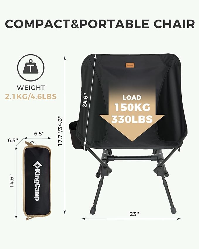 KingCamp Portable Backpacking Chair, 4-Position Adjustable Height Folding Compact Lightweight Camping Chairs with Cup Holders & Carry Bag for Outdoor Camp Hiking Lawn Fishing