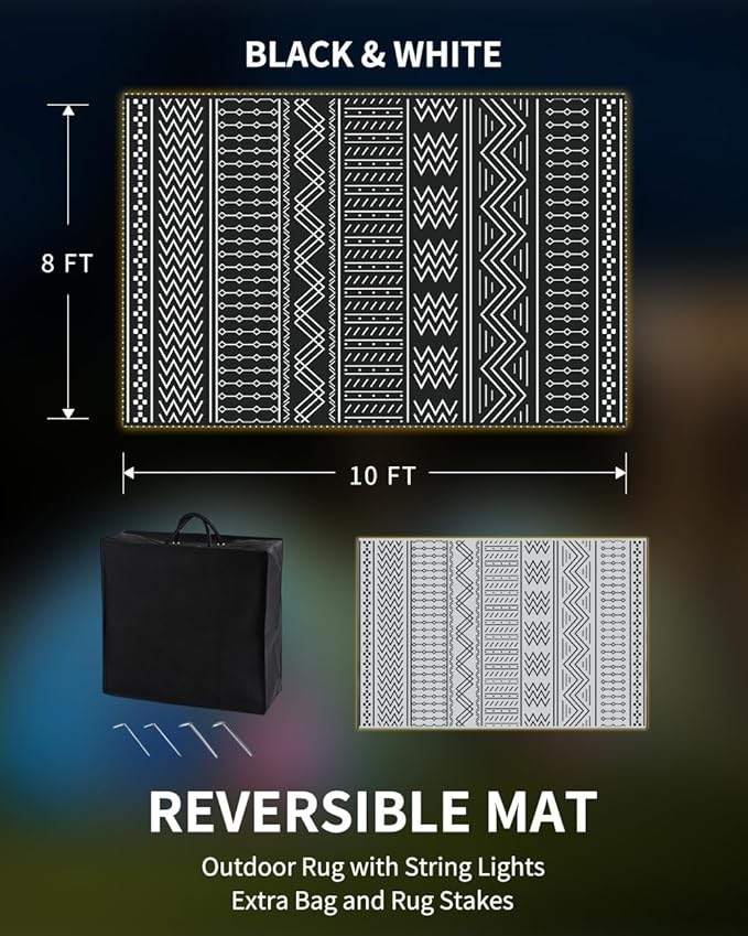 Outdoor Rug Carpet Waterproof 8x10 ft with LED Strip Lights-Patio Rug Mat Indoor Outdoor Rug for RV Camping Picnic Reversible Lightweight Plastic Straw Outside Rug for Patio Decor Decoration Boho Rug