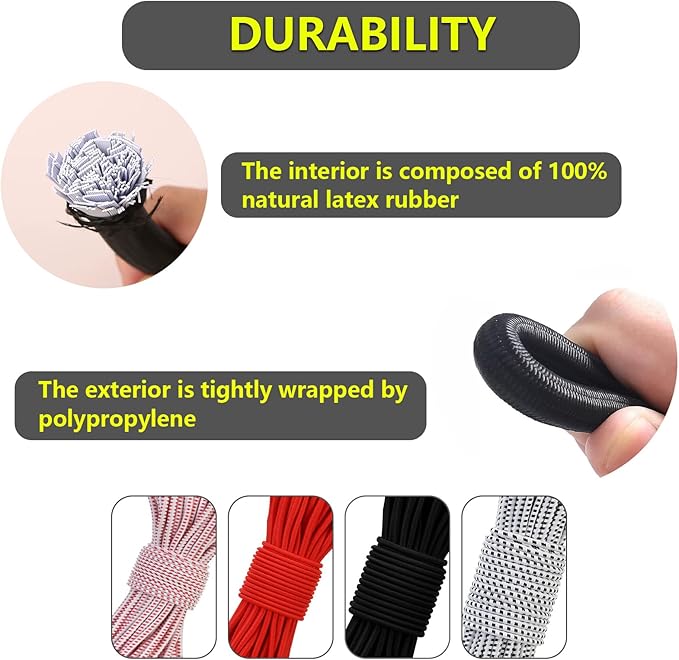 Tent Pole Shock Cord 1/8 inch 60ft, Replacement Shock Cord for Tent Rod, Tent Pole Repair Kit, Elastic Bungee Cord,Elastic Cord with Lead Wire/Washers/Clip (White/Black)