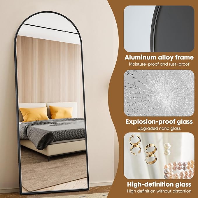 Arched Full Length Mirror, 71 x 26 inch Floor Mirror with Aluminum Alloy Thin Frame, Full Body Mirror for Wall Bedroom Dressing Home Decor, Black