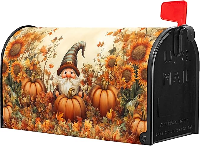 Fall Gnome Mailbox Cover Magnetic Standard Size 21x18 inch Autumn Pumpkin Sunflower Post Letter Box Wrap Seasonal Dust-Proof Letterbox Covers Protection for Home Outdoor Garden Yard