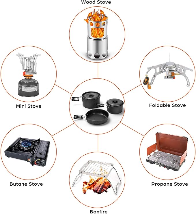 Odoland 16pcs Camping Cookware Mess Kit with Folding Camping Stove, Non-Stick Lightweight Pots Pan Set with Stainless Steel Cups Plates Forks Knives Spoons for Camping, Backpacking, Outdoor Cooking